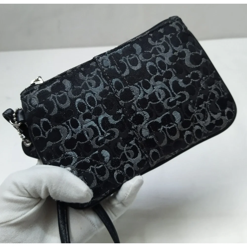 Coach Signature Black Canvas Zipper Closure Wristlet - Coin Wallet